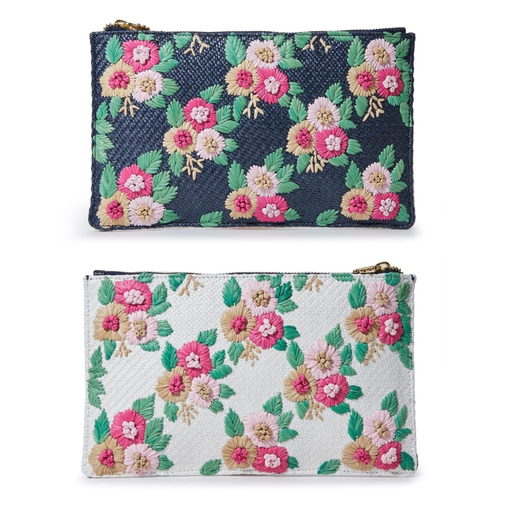 Lele Sadoughi Midnight Bouquet Floral Straw Embroidery Large Pouch Clutch Purse